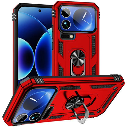 Shockproof phone case with kickstand, red TPU/PC, raised camera rim