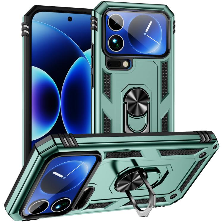 Shockproof phone case with kickstand, dark green TPU/PC, raised camera and buttons