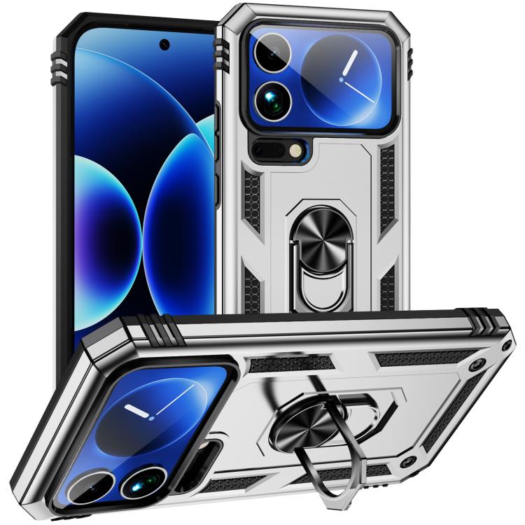 Shockproof phone case with kickstand, silver TPU/PC, rugged bumper frame