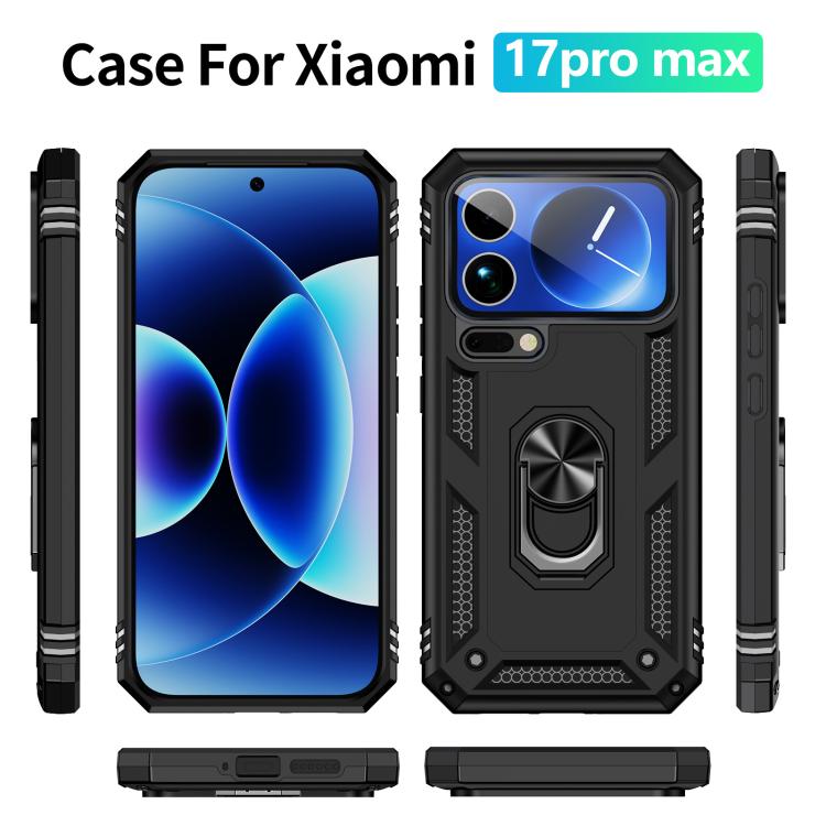Shockproof TPU + PC phone case with ring kickstand, black, for Xiaomi 17 Pro Max.