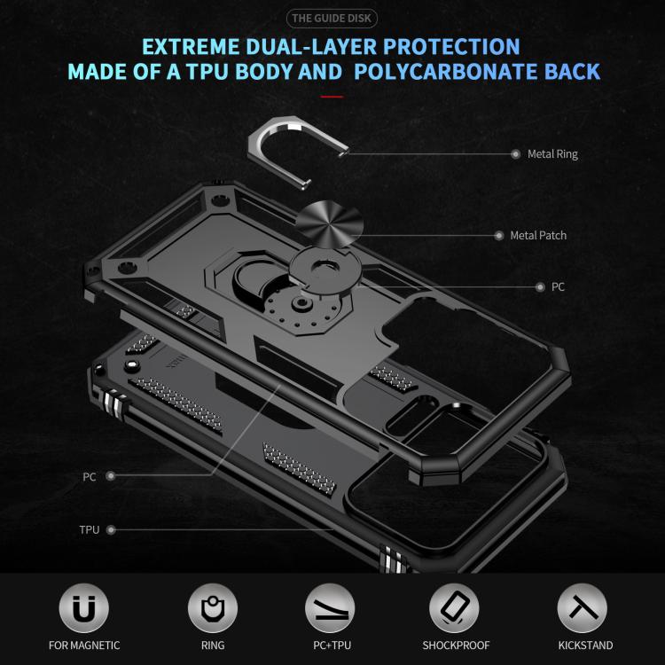 Shockproof TPU + PC phone case with built-in metal ring, black.