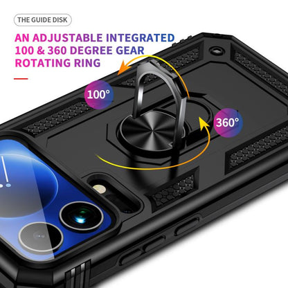 Shockproof TPU + PC phone case with 360° rotating ring kickstand, black.