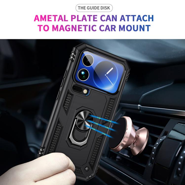 Shockproof TPU + PC phone case with ring kickstand, compatible with magnetic mount.