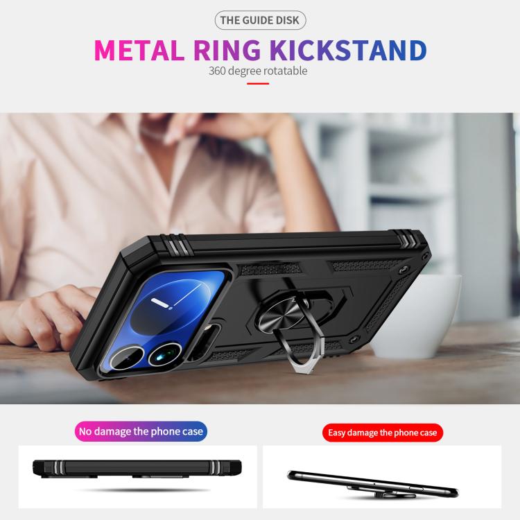 Shockproof TPU + PC phone case with metal ring kickstand, black.