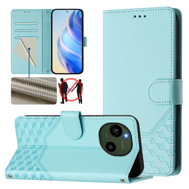 RFID leather folio phone case with honeycomb embossing and flip stand, mint blue