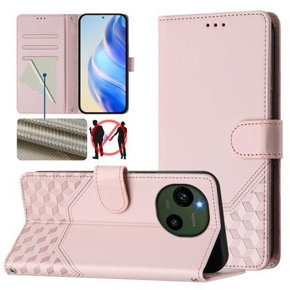 RFID leather folio phone case with honeycomb embossing and flip stand, blush pink