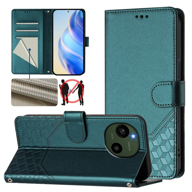 RFID leather folio phone case with honeycomb embossing and flip stand, teal