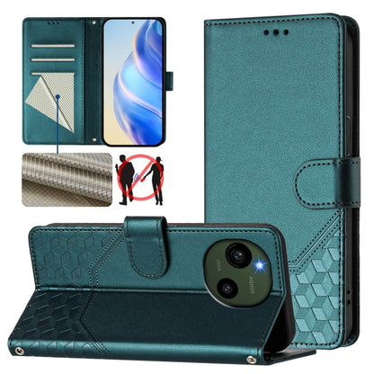 RFID leather folio phone case with honeycomb embossing and flip stand, teal