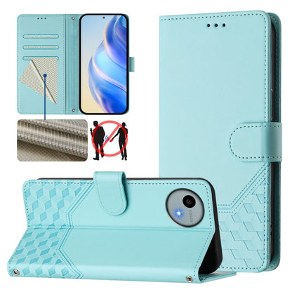 Light aqua honeycomb embossed RFID leather phone case with flip cover and card slots