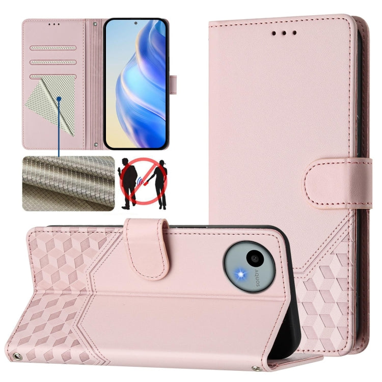 RFID leather folio phone case with honeycomb embossing and flip stand, light pink