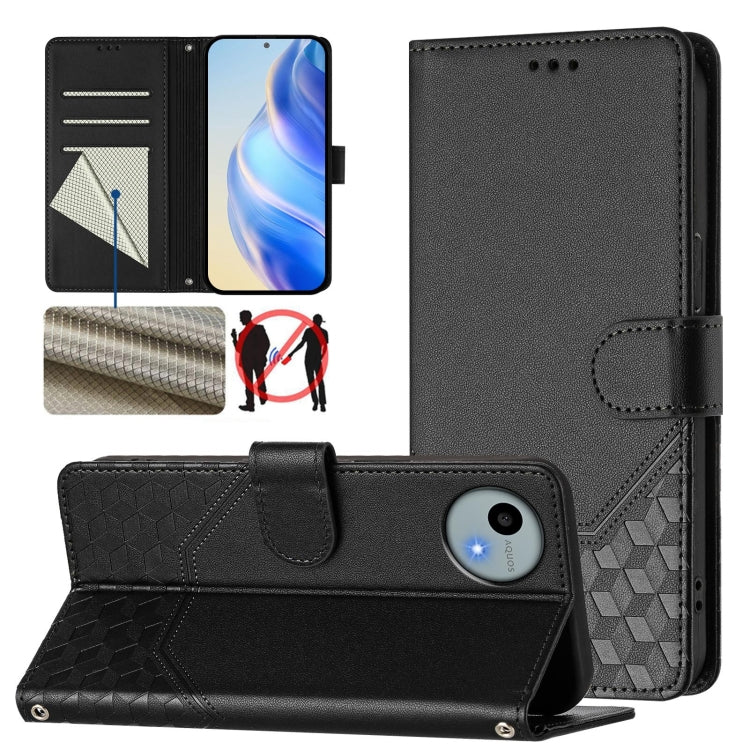 RFID leather folio phone case with honeycomb embossing and flip stand, black