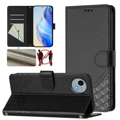 RFID leather folio phone case with honeycomb embossing and flip stand, black