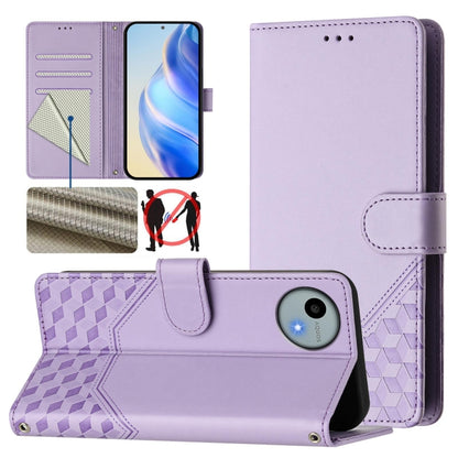 RFID leather folio phone case with honeycomb embossing and flip stand, light purple