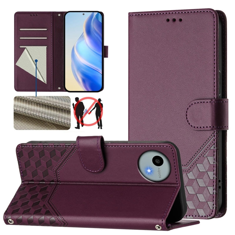 RFID leather folio phone case with honeycomb embossing and flip stand, plum