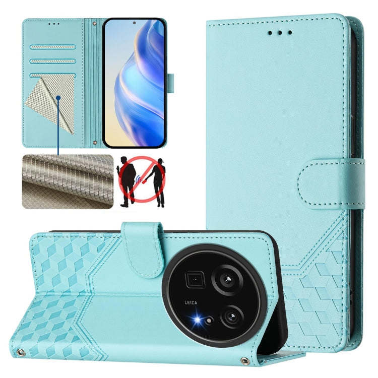 Aqua teal honeycomb embossed RFID leather phone case with flip cover and camera opening