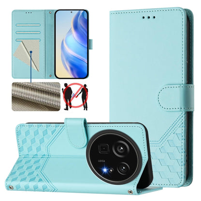 Aqua teal honeycomb embossed RFID leather phone case with flip cover and camera opening