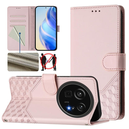 Light pink honeycomb embossed RFID leather phone case with flip cover and camera cutout