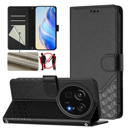 Black honeycomb embossed RFID leather phone case with flip cover and card pocket