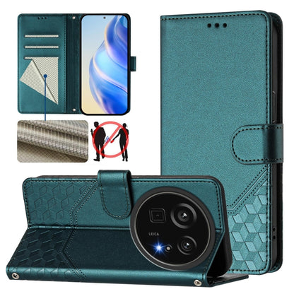 Peacock green honeycomb embossed RFID leather phone case with flip cover and camera cutout
