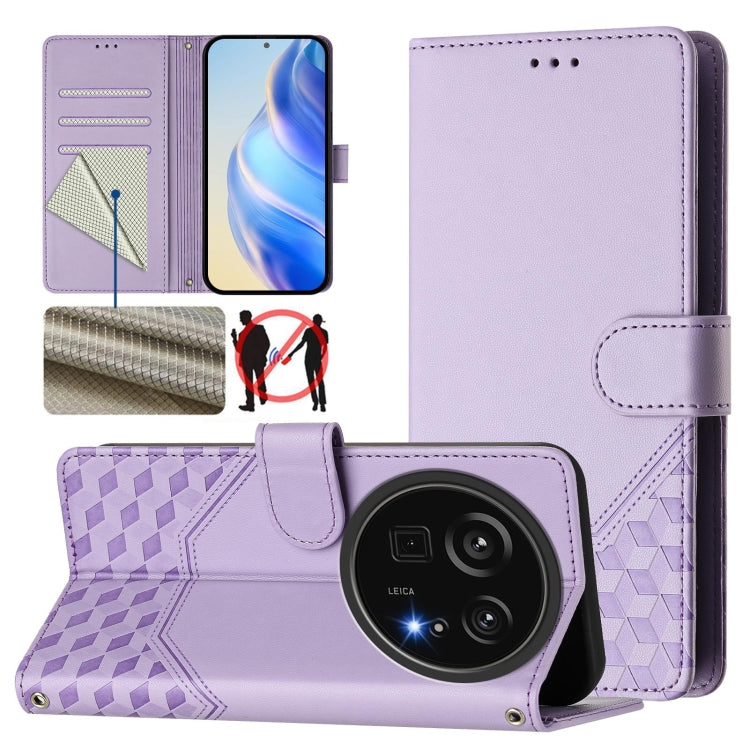 Light violet honeycomb embossed RFID leather phone case with flip cover and camera opening