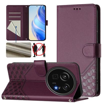 Burgundy honeycomb embossed RFID leather phone case with flip cover and camera cutout