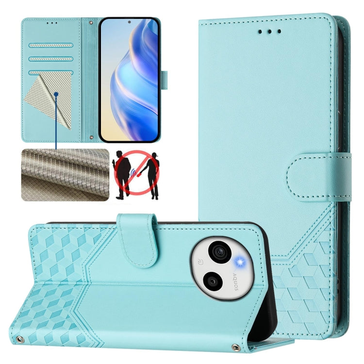 Honeycomb embossed flip wallet leather phone case, mint blue with card slots and strap