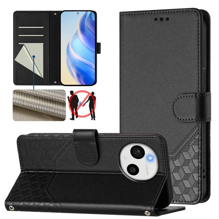 Honeycomb embossed flip wallet leather phone case, dark charcoal black with card slots and strap