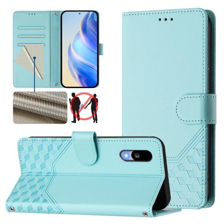 Light blue leather phone case with honeycomb-embossed texture, flip cover and card slots