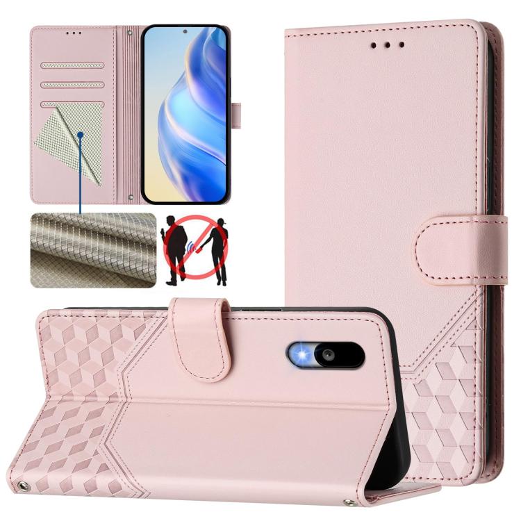 Light pink leather phone case with honeycomb-embossed texture, flip cover and card slots