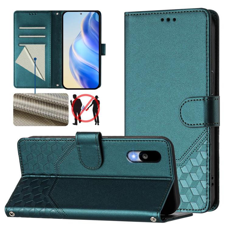 Deep teal leather phone case with honeycomb-embossed texture, flip cover and card slots