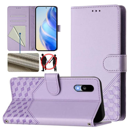 Lavender leather phone case with honeycomb-embossed texture, flip cover and card slots