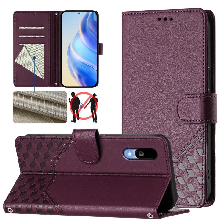 Honeycomb embossed flip wallet leather phone case, dark plum with card slots and strap