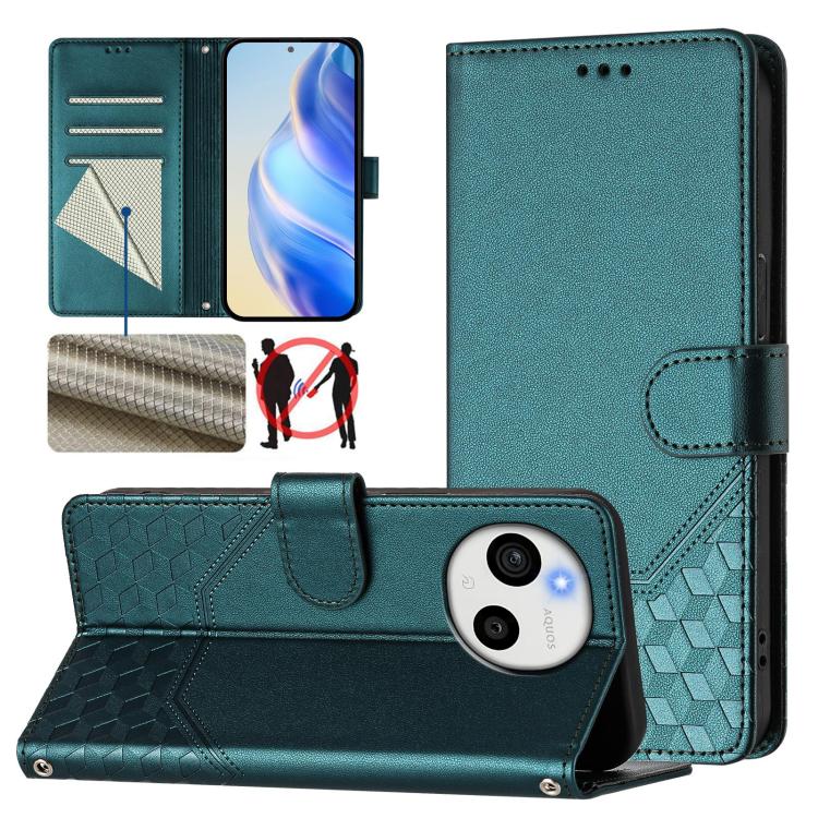 Teal leather phone case with honeycomb-embossed texture, flip cover and card slots