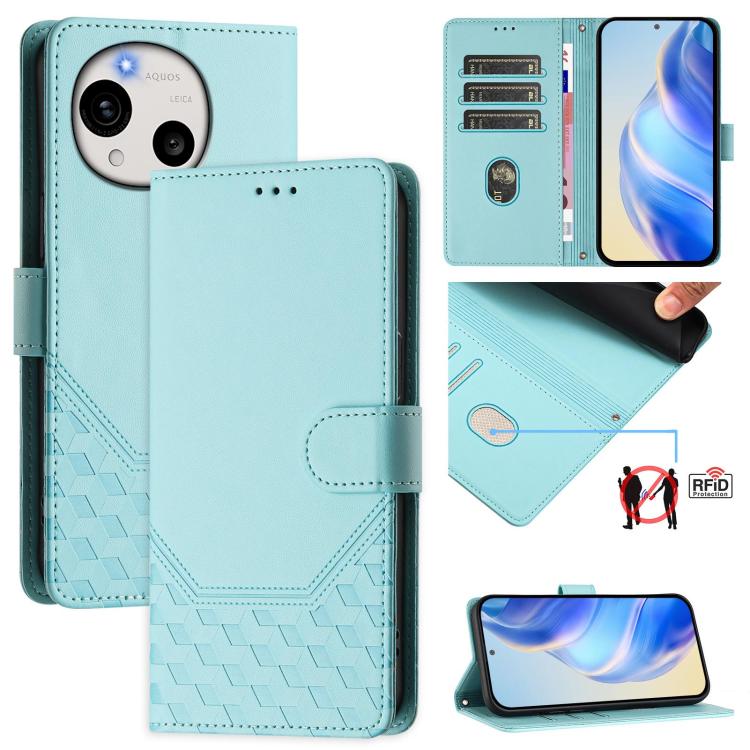 Light mint honeycomb embossed RFID leather phone case with flip cover and card slots