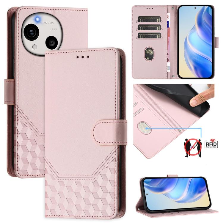 Light pink honeycomb embossed RFID leather phone case with flip cover and card slots