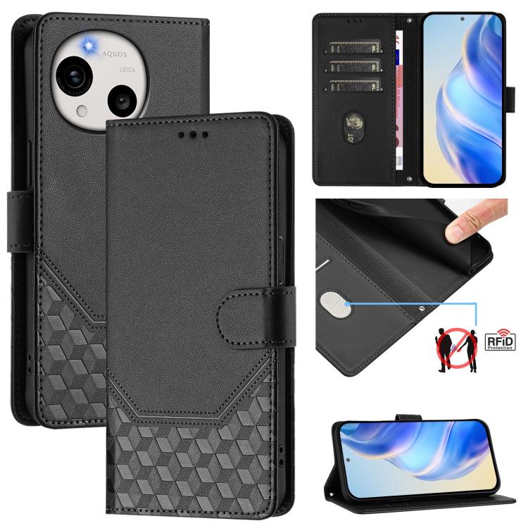 Black honeycomb embossed RFID leather phone case with flip cover and card slots