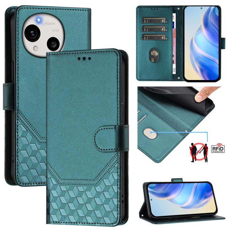 Teal honeycomb embossed RFID leather phone case with flip cover and stitched pocket