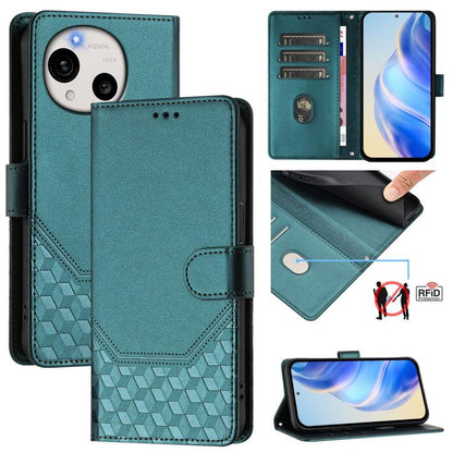 Teal honeycomb embossed RFID leather phone case with flip cover and stitched pocket
