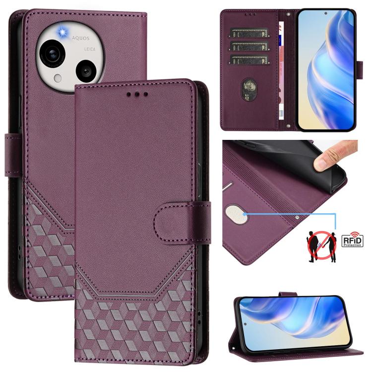 Burgundy/plum honeycomb embossed RFID leather phone case with flip cover and card slots