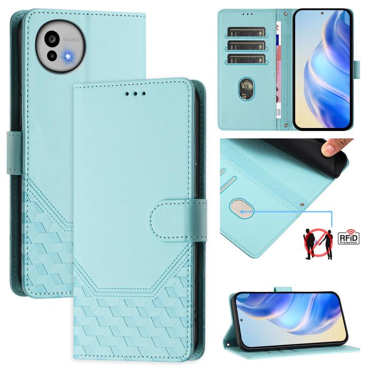 Mint green RFID honeycomb-embossed leather flip phone case with card holder and clasp
