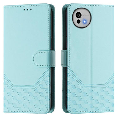 Mint green leather phone case with honeycomb embossing and flip cover, magnetic clasp
