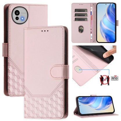 Pink RFID leather flip phone case with honeycomb embossing, card slots, and magnetic clasp