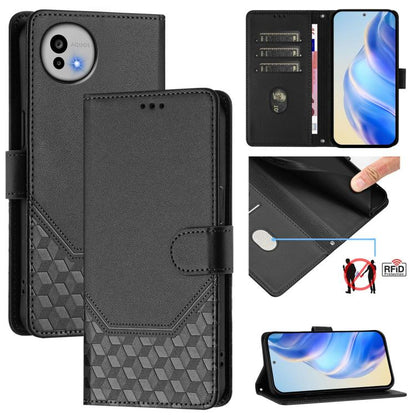 Black RFID honeycomb-embossed leather flip phone case with card slots and magnetic clasp