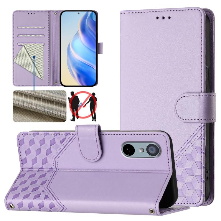 Light purple honeycomb embossed RFID leather folio phone case with card slots