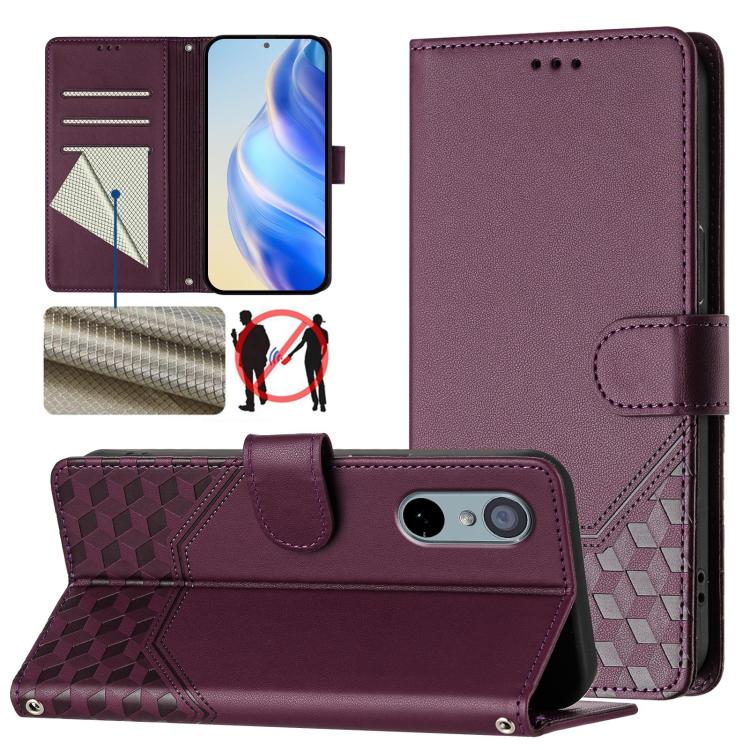 Violet honeycomb embossed RFID leather folio phone case with card slots