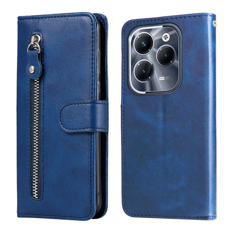 Blue leather phone case with zipper, card slot, and fold-over cover for phone