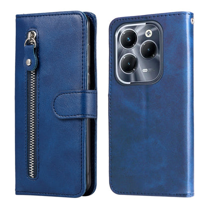 Blue leather phone case with zipper, card slot, and fold-over cover for phone