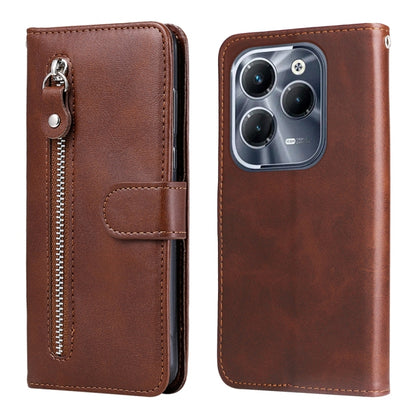Brown leather phone case with zipper, card slot, and fold-over cover for phone