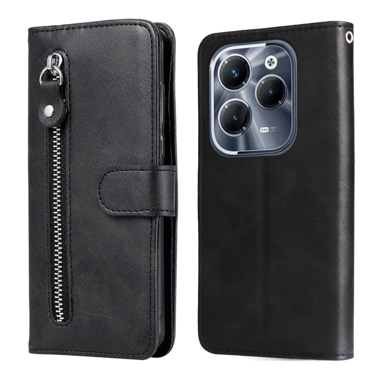 Black leather phone case with zipper, card slot, and fold-over cover for phone
