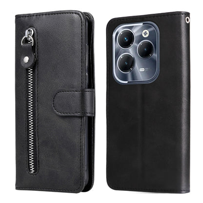 Black leather phone case with zipper, card slot, and fold-over cover for phone